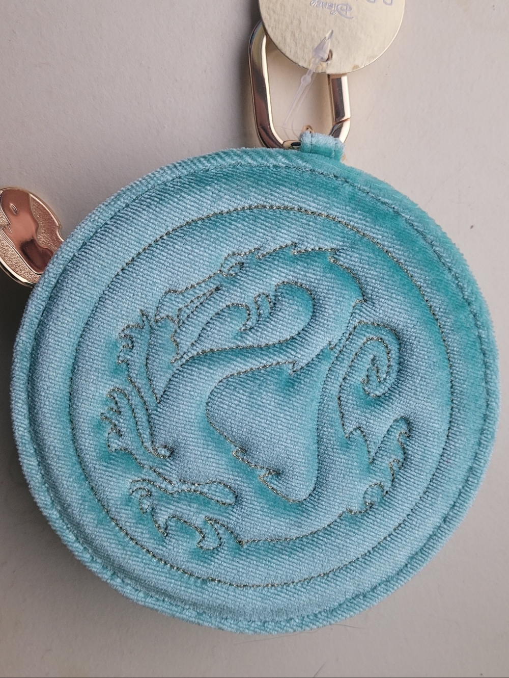 Disney Turquoise Velvet Round Coin Pouch with Dragon Embroidery